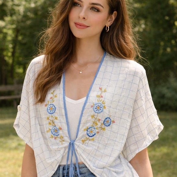 April Cornell Sweaters - April Cornell Cardigan Medium White Blue Floral Embroidered Tie Front Cottage